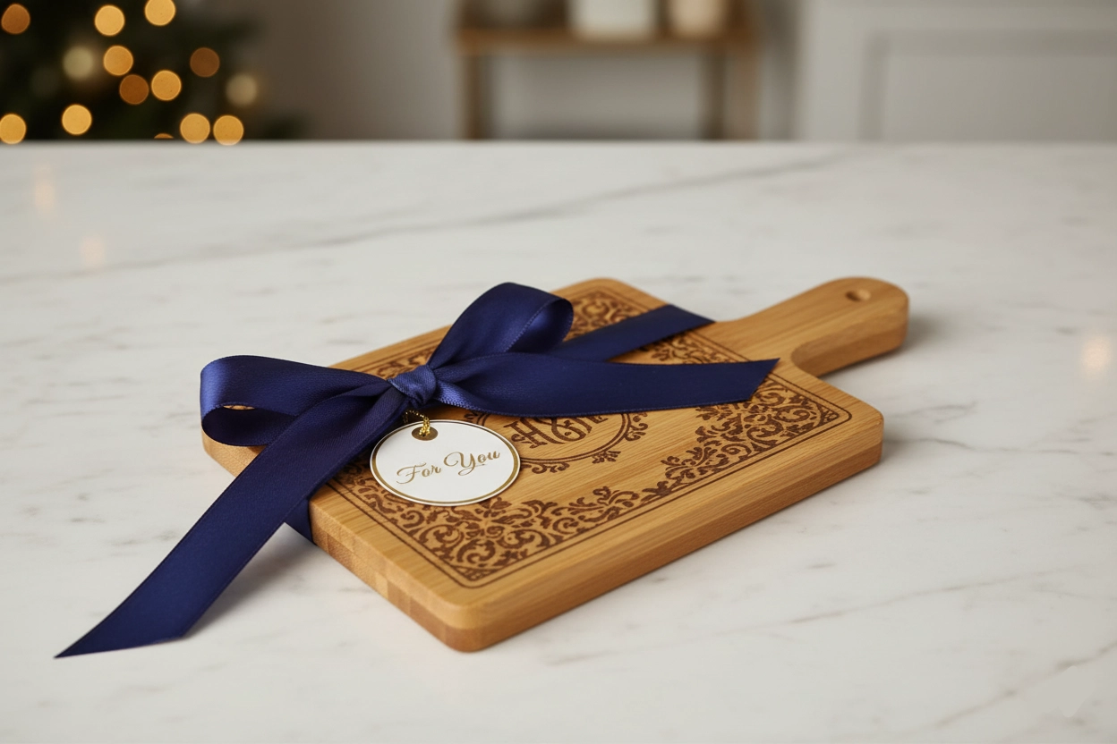 A personalised mini serving tray elegantly wrapped with a ribbon, ready to be given as a gift