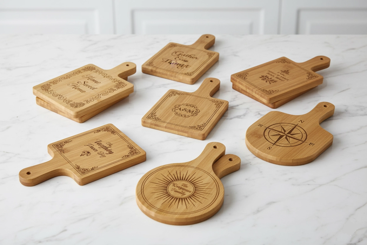 The full collection of personalised mini serving trays in round, square, and rectangle shapes arranged on a marble countertop.