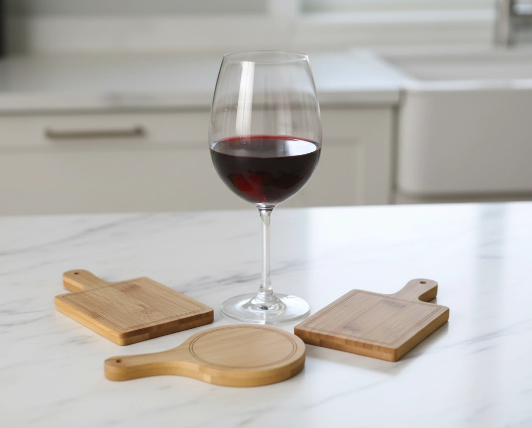 The three shapes of mini serving trays shown next to a wine glass to demonstrate their scale.