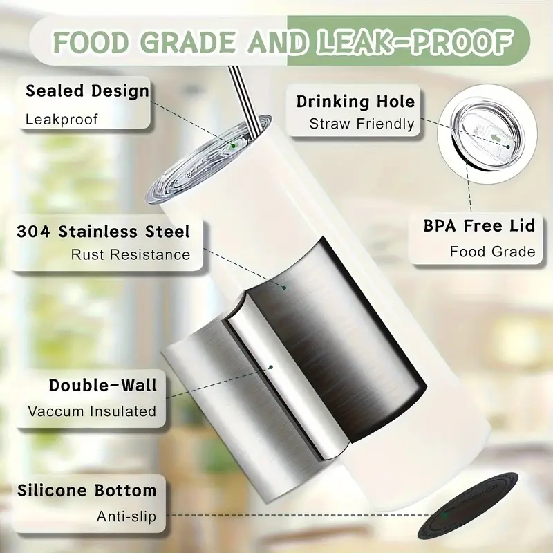 Close-up view of the spill-resistant lid and straw on a custom skinny tumbler