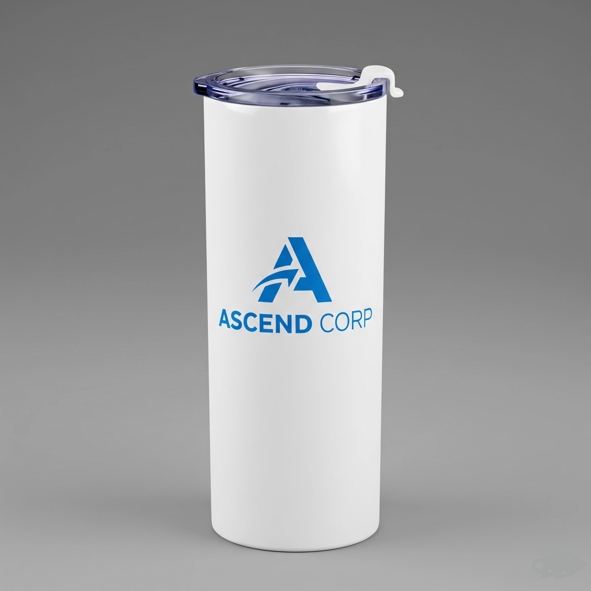 White 600ml custom skinny tumbler featuring a blue corporate business logo.
