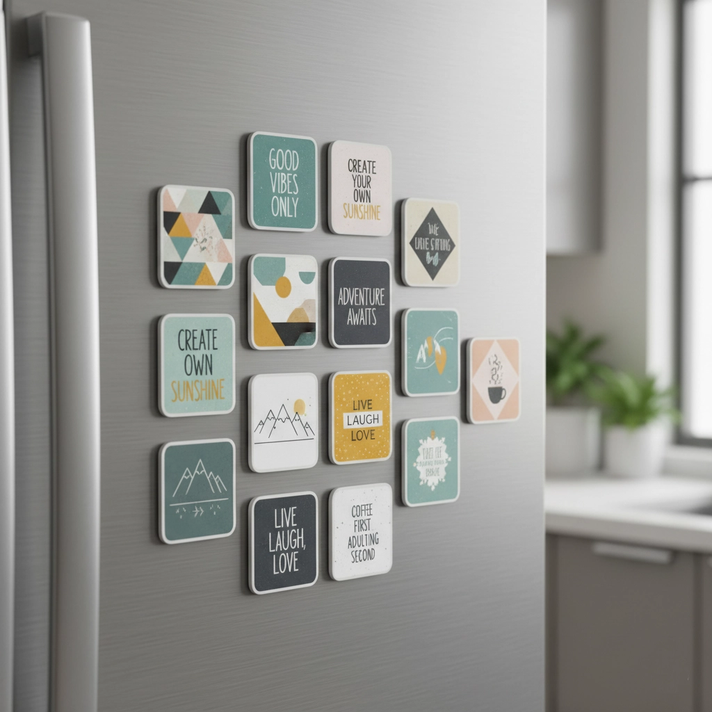 A collection of personalised square magnets arranged artfully on a modern stainless steel fridge door.